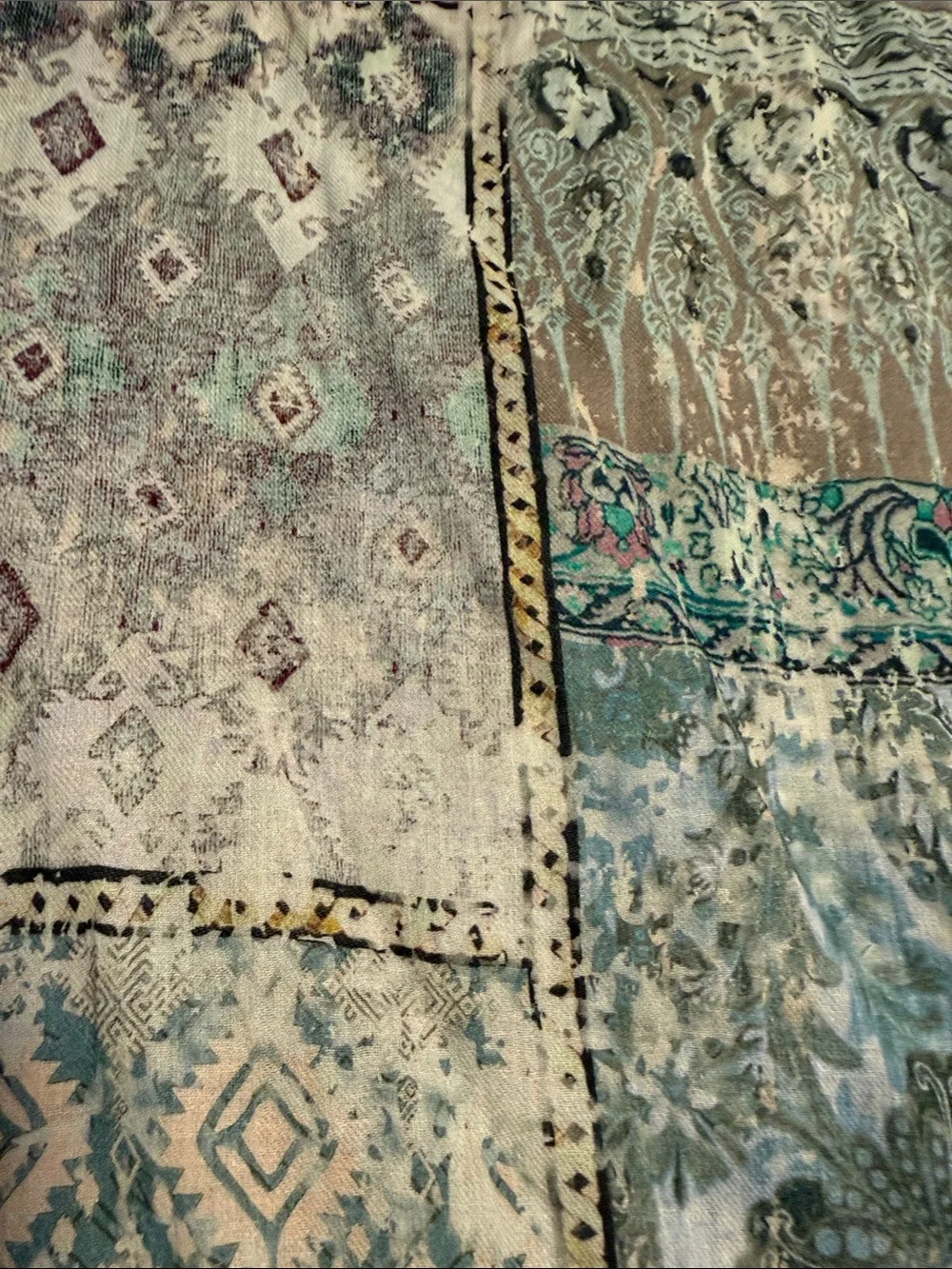 J.Jill Lightweight Floral Patchwork Scarf in Pastel Blues and Cream India Cotton